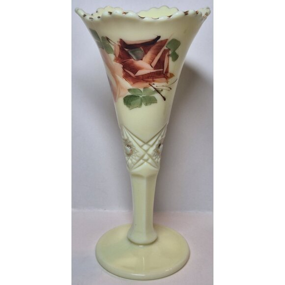 Jefferson Diamond W/ Peg Rose Decorated Custard Glass Vase Glows Art Deco - Picture 3 of 16